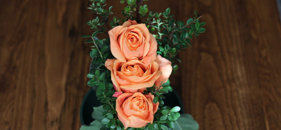 yellow, peach, orange rose arrangement that follow the American Rose Society guidelines for a straight-line design.